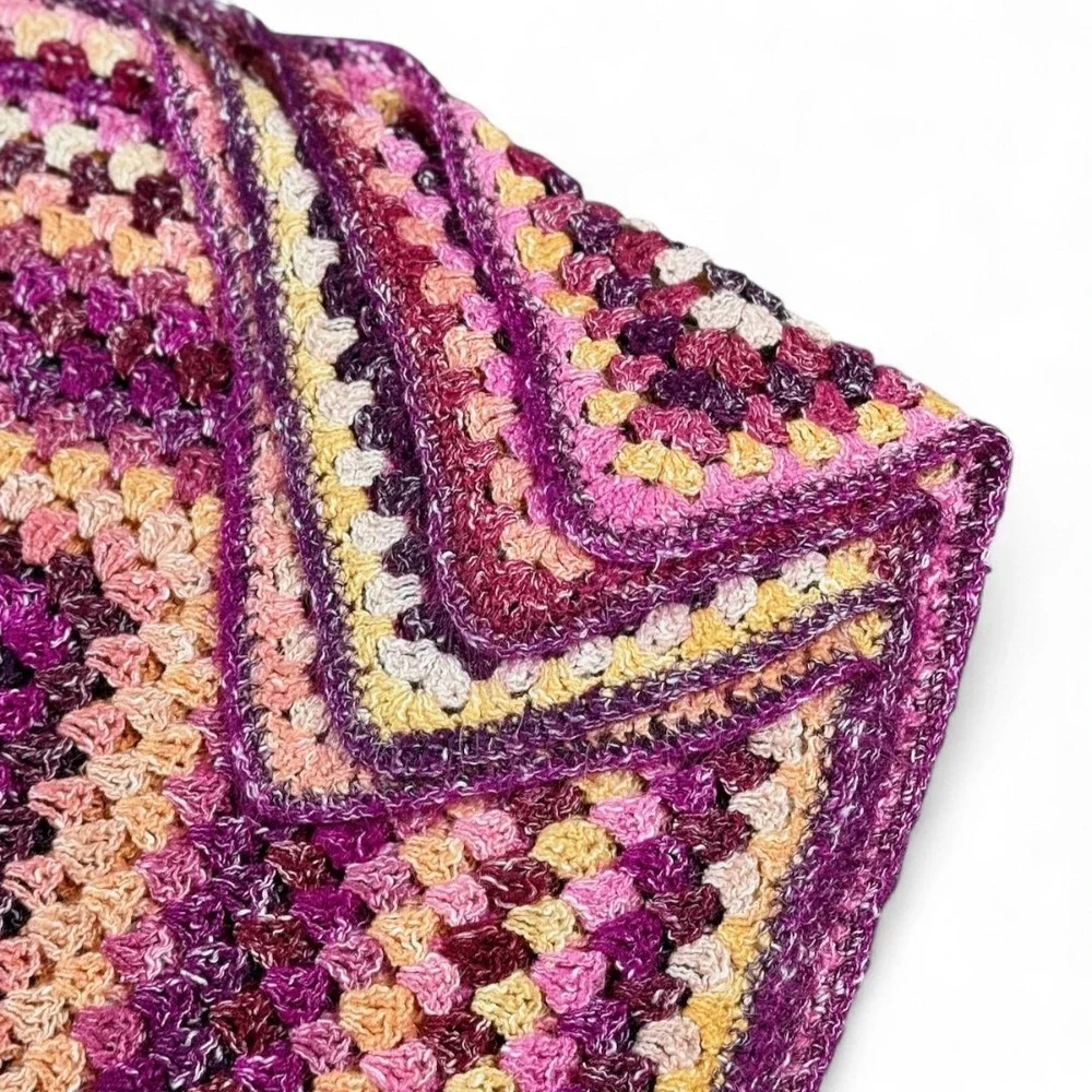Handmade Granny Square Crochet Blanket Afghan Throw Pink Purple Yellow 45x53 VTG